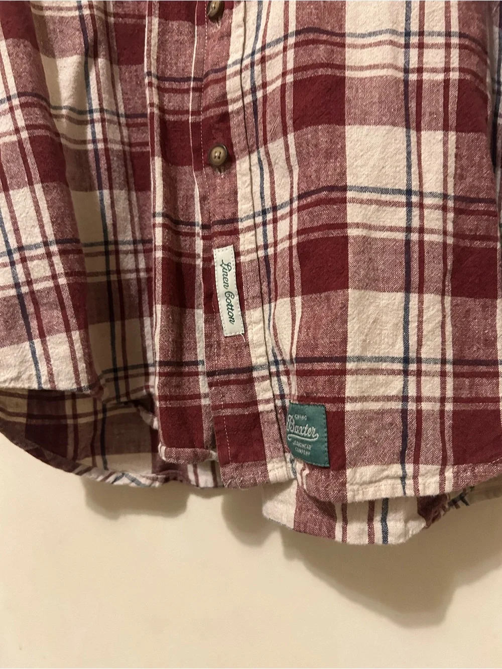 NWOT VTG Baxter Natural Men's Burgundy Plaid Short-Sleeve Cotton Linen Shirt M